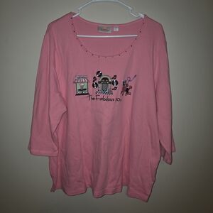 Quacker Factory Ladies Size 2X Embroiderd Fun 50s Theme Pink Shirt